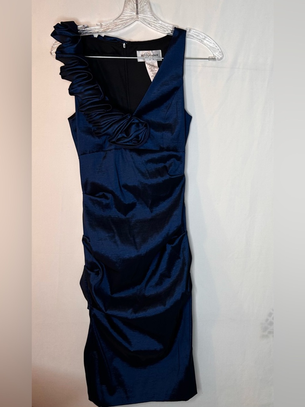 Betsy & Adam Deep Navy One-Shoulder Satin Cocktail Dress with Ruffle Size 6